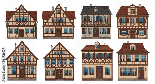 Set of eight traditional timber-framed houses in varying designs and sizes with brown roofs and multi-floor facades.