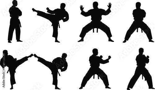 Karate martial arts silhouettes collection showing fighters performing kicks punches and defensive stances isolated on white background vector illustration