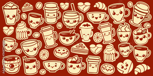 Cute illustrated assortment of coffee cups pastries and hot beverages