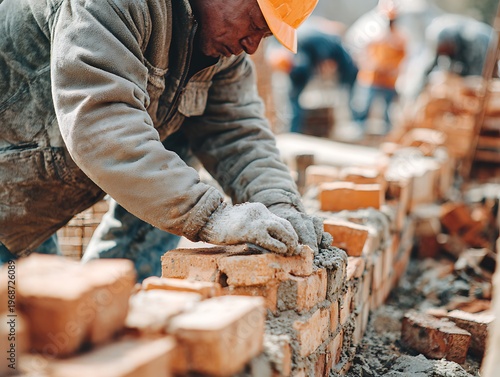 Close-up of a construction worker laying bricks, symbolizing manual labor, the working class, and the physical endurance required for low-wage infrastructure development.