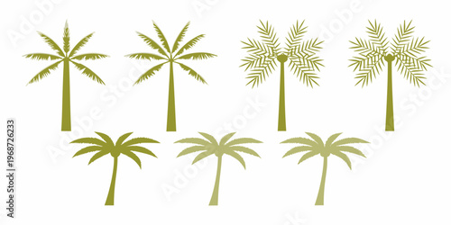 Stylized illustration of various palm trees in shades of green
