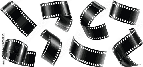 Curved 35mm film strip vector illustration with twisted motion effect for cinema movie production photography and creative media industry background design,
