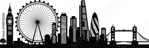 London city skyline silhouette with famous landmarks including Big Ben London Eye and Tower Bridge isolated on white vector illustration
