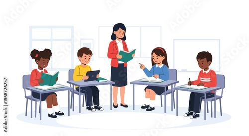 Flat style vector illustration of diverse elementary school children learning together in a bright classroom with teacher guidance, books and tablets in modern education