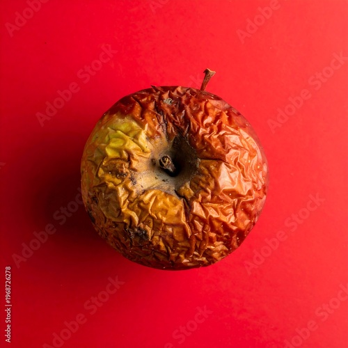 Overhead shot of a wrinkled, decaying fruit against a solid red backdrop, showing its textured skin and stem