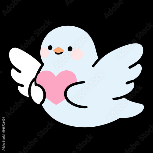 Cute blue bird holding pink heart