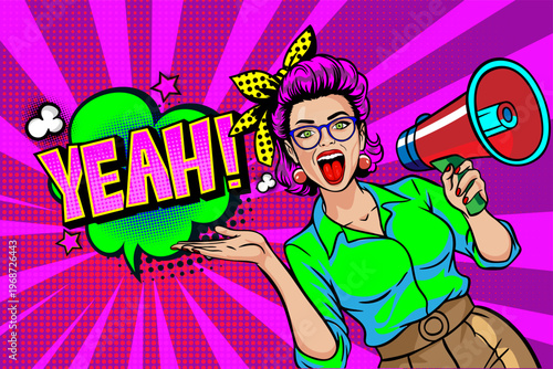 Pop Art Woman with Purple Hair and Megaphone Saying YEAH - Girl with Speaker on Purple Sunburst Background