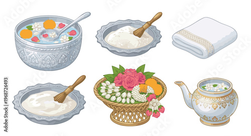 Songkran festival ritual items including floral water bowl, powder and offerings.