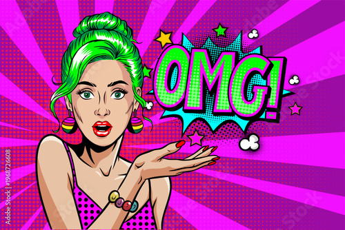Pop Art Woman with Green Hair Saying OMG - Surprised Girl with Speech Bubble on Purple Sunburst Background