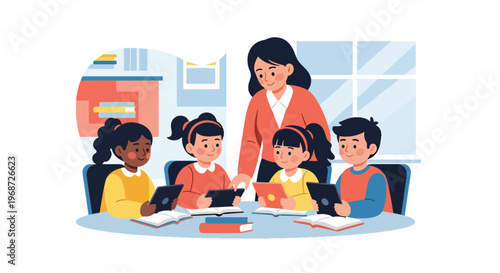 Flat style vector illustration of diverse elementary school children learning together in a bright classroom with teacher guidance, books and tablets in modern education