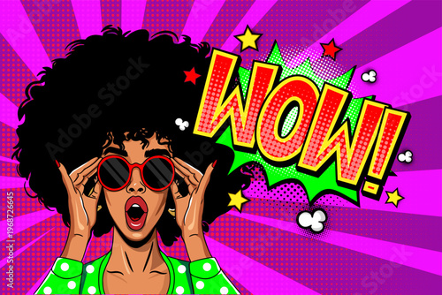 Pop Art Woman with Afro and Sunglasses Saying WOW - Amazed Girl with Speech Bubble on Purple Sunburst Background