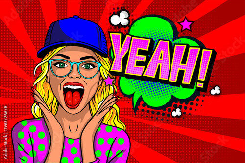 Pop Art Blonde Woman with Blue Cap Saying YEAH - Excited Girl with Speech Bubble on Red Sunburst Background