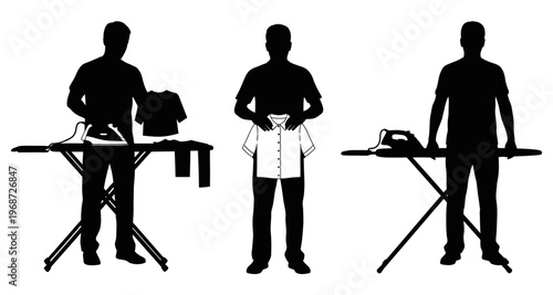 Man Ironing Clothes Silhouette on Board Three Stages of Laundry Care Minimalist Graphic