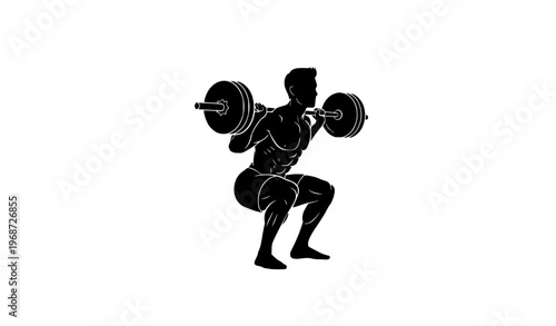Fitness man silhouette vector performing barbell squat black and white workout illustration isolated on white background
