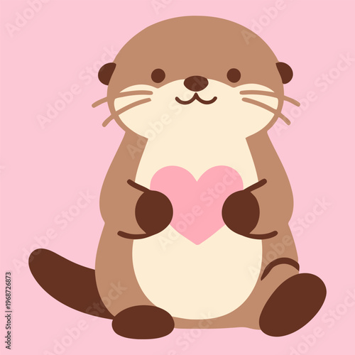 Cute otter holding pink heart