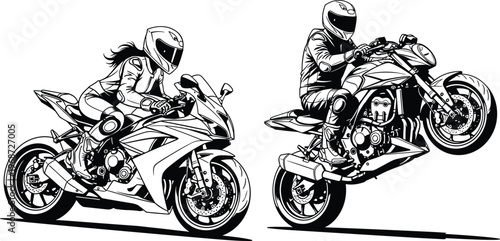Sport motorcycle riders illustration showing male and female bikers performing racing and stunt riding isolated on white background vector