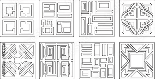 Architectural drawings showcasing various structural designs and perspectives Vector