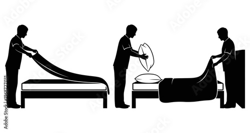 Man Making Bed: Spreading Sheet Placing Pillow Tucking DuvetSilhouette Series