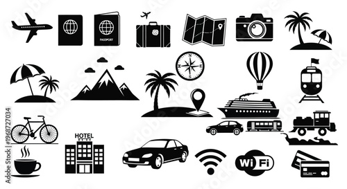 Travel icons and symbols in a black and white arrangement silhouette