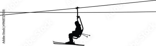 Skier on chairlift silhouette traveling up mountain ski resort winter sports activity isolated on white background vector illustration design