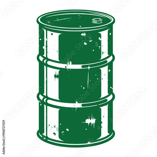 Green oil barrel with white background and distressed texture drum cylinder