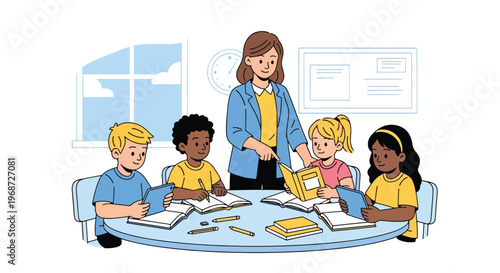 Flat style vector illustration of diverse elementary school children learning together in a bright classroom with teacher guidance, books and tablets in modern education