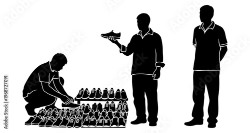 Man displays athletic footwear collection examining shoe detail retail vendor silhouette clean background