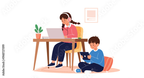 Flat style vector illustration of children studying at home using laptop and tablet for online learning, cozy environment with focused expressions, homeschooling concept