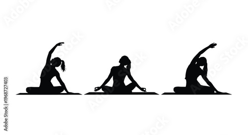 Three women practicing yoga poses in a striking black silhouette