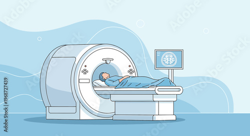 Patient undergoing MRI scan in modern medical imaging center, brain scan on screen