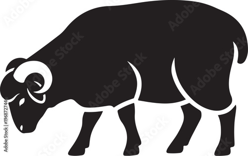 Black ram silhouette, horned animal icon, vector illustration, wildlife symbol