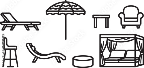 Assorted furniture items including chairs, table, and lamp on a white background Vector