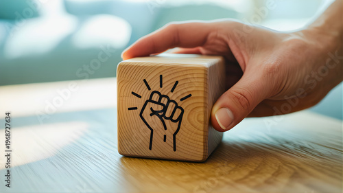 A hand delicately holds a natural wooden cube adorned with a striking raised fist icon, embodying concepts of personal strength, collective power, determination, and inspiration for change