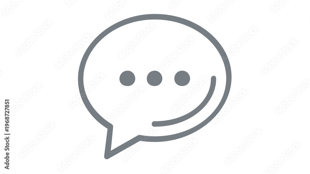Fototapeta premium Minimalist grey line vector icon illustration of a speech bubble with three dots, representing a comment, chat message, or typing indicator for social media, communication, and digital apps.