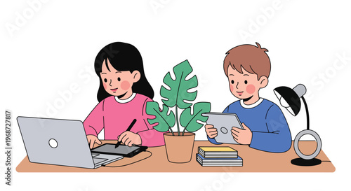 Flat style vector illustration of children studying at home using laptop and tablet for online learning, cozy environment with focused expressions, homeschooling concept