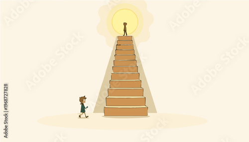 Young boy looking up at staircase leading to bright future and success