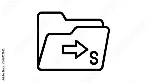Minimalist vector icon illustration of a digital folder with a right-pointing arrow and letter S, ideal for social media file management, sharing, data organization, and web UI design.