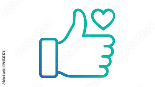 Thumbs up icon with a heart symbol, social media like and follow button, blue teal gradient vector illustration. Minimalist flat design for web and mobile apps, scalable AI-generated graphic art.