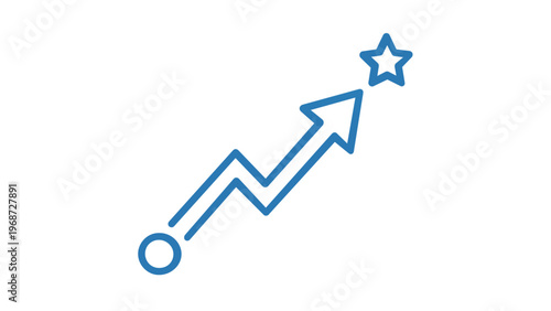 Blue minimalist vector icon illustration of a social media influencer growth path with an upward arrow pointing towards a star, representing success, career progress, and digital marketing goals.