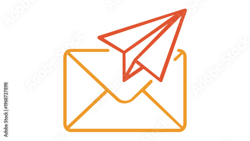 Minimalist vector illustration of a line icon featuring an orange and red gradient envelope with a paper plane flying out, symbolizing email communication, sending messages, and social media.