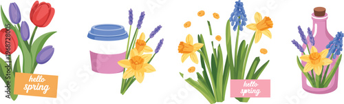 Spring holiday card templates coffee cup perfume bottle wildflowers narcissus tulips daisies hand drawn floral vector illustration
