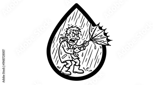 Minimalist Raindrop with Furious Cartoon in Storm Line Art, Monochrome Vector Illustration of Rainy Day Humor