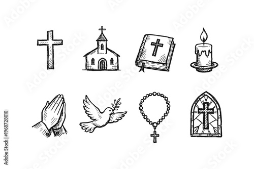 Collection of religious symbols and icons hand-drawn in a sketch style
