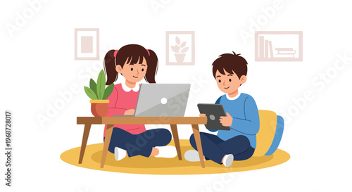 Flat style vector illustration of children studying at home using laptop and tablet for online learning, cozy environment with focused expressions, homeschooling concept