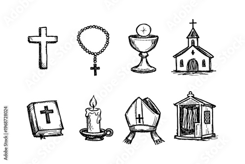 Collection of hand-drawn religious symbols and items for Christian worship