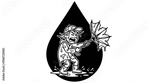 Minimalist Raindrop with Furious Cartoon in Storm Line Art, Monochrome Vector Illustration of Rainy Day Humor