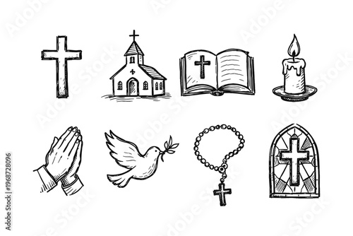 Collection of hand-drawn religious symbols and icons for faith and spirituality