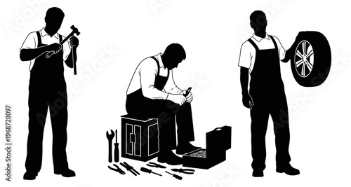 Mechanic Silhouettes Performing Auto Repair and Maintenance Tasks on White Background