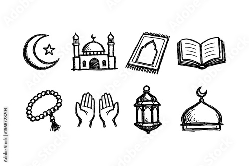 Collection of Islamic cultural symbols hand-drawn in a sketch style