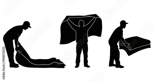 Person Folding Blanket Silhouettes Sequence Isolated White Background